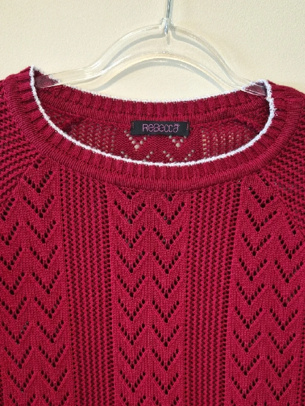 REBECCA Burgundy Open-Weave Scoop Neck Sweater with White Trim. M/L
